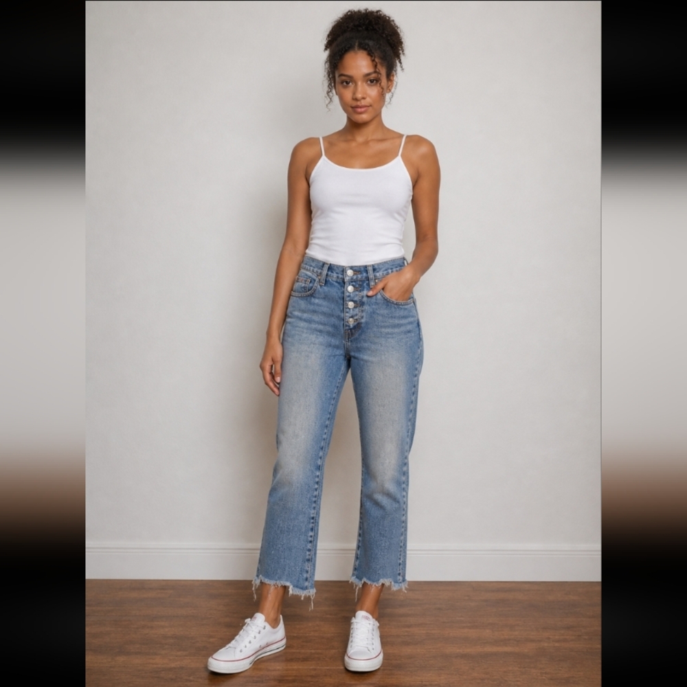 JUST USA Y2K Button Fly Raw Hem Faded Jeans Size 5 100% Cotton